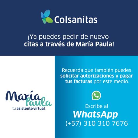 maria paula colsanitas whatsapp|Agenda tus citas a través de nuestros canales digitales: María。